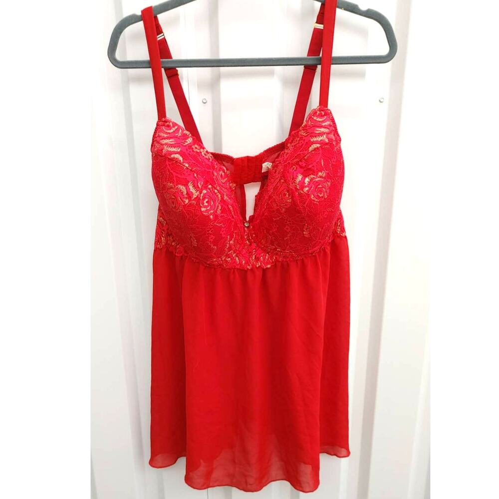 Cacique Lingerie Teddy Nightgown 44DDD + Panty Thong Sz 22/24 Red
